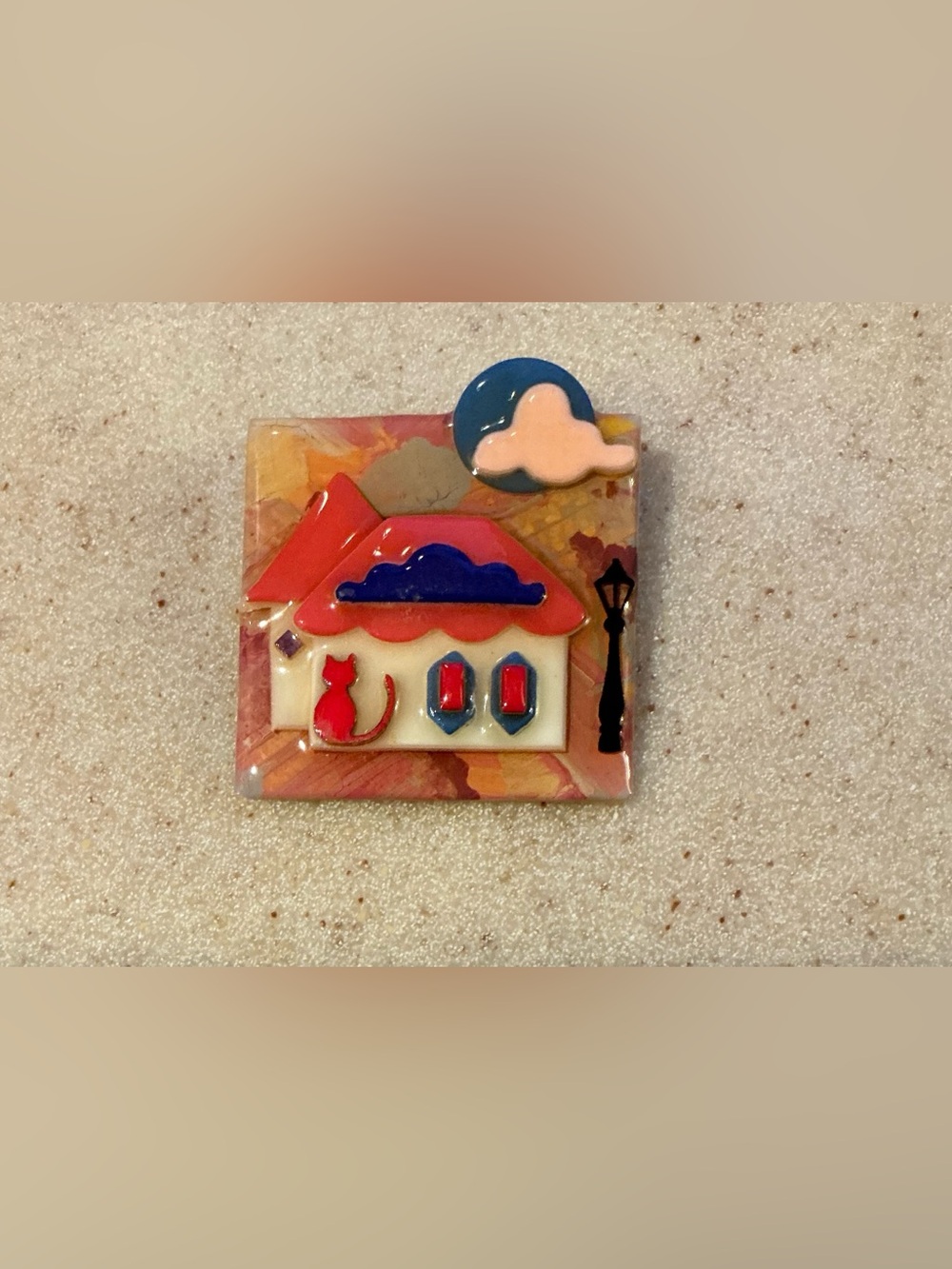 Whimsical House Enamel Brooch in Red, Blue and Cream